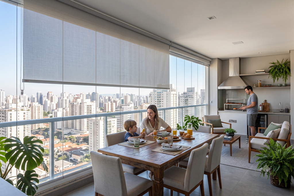 Varanda gourmet envidraçada: Qual a melhor persiana para proteção solar